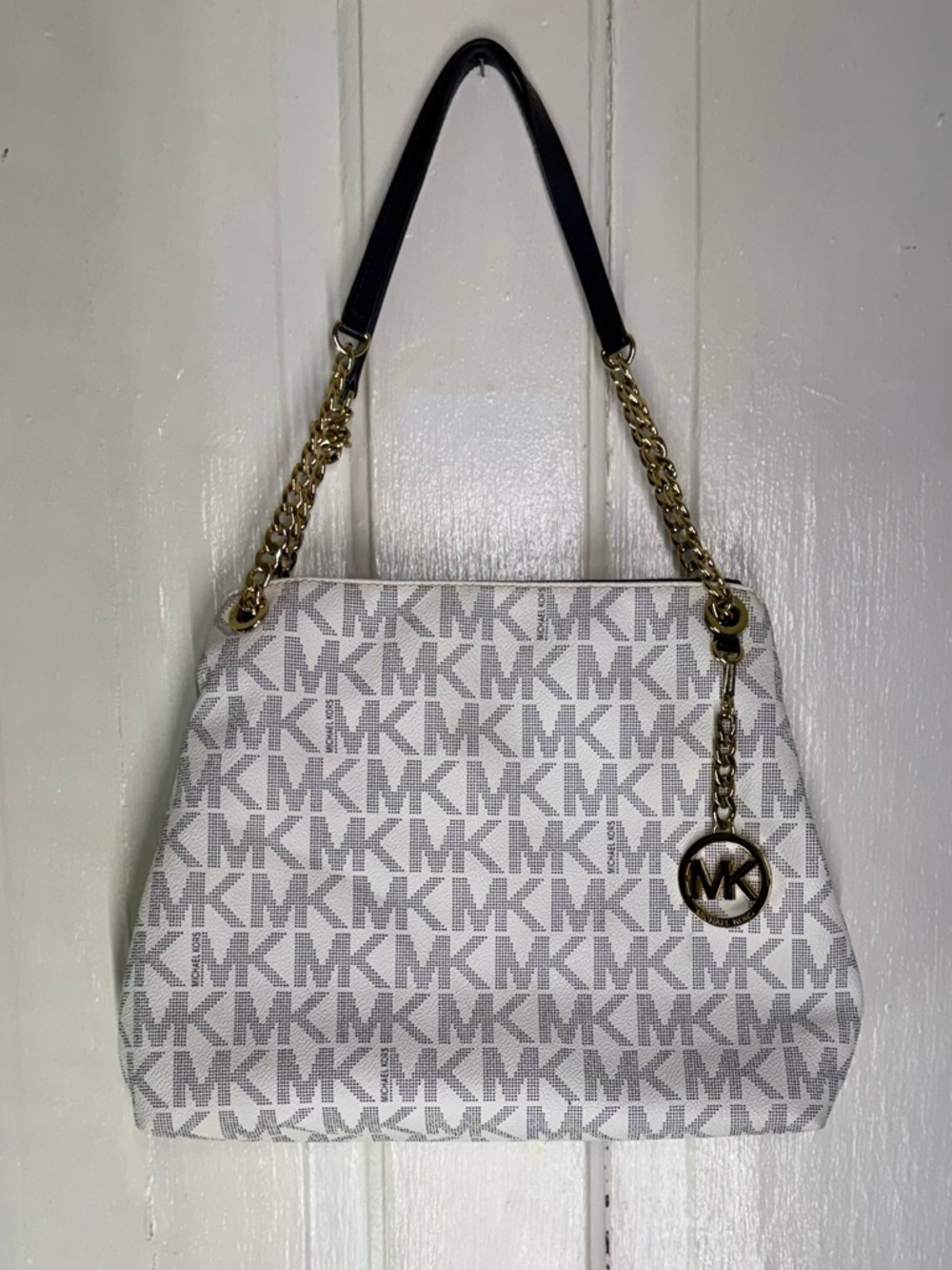 Michael Kors Jet Set Large Logo Tote Bag - Vanilla Signature Print - Chainlink